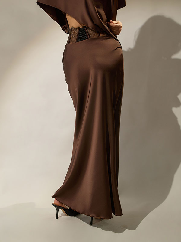FUSTA MAXI CU CORSET ATLAS MARO - imagine 5