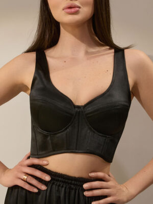 CORSET SCURT CU CUPA DIN ATLAS NEGRU
